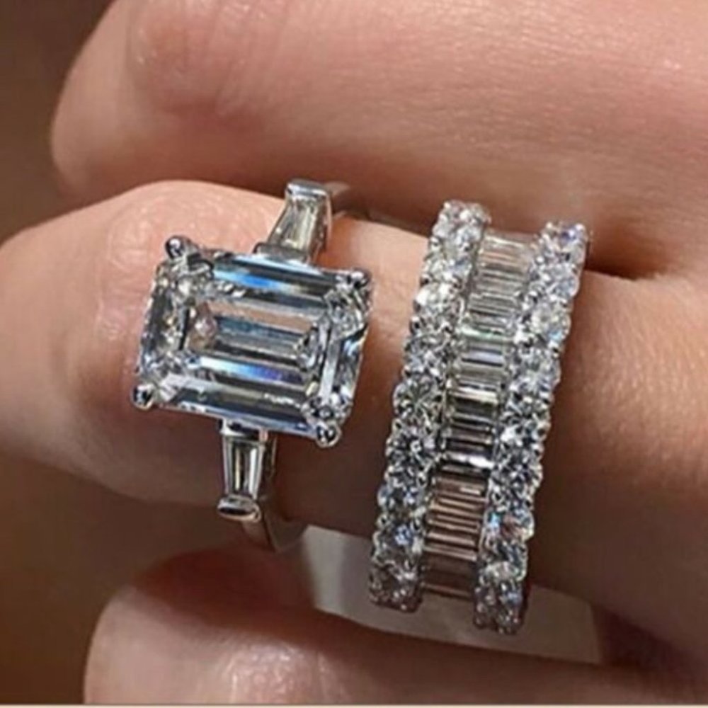 2 Pcs/Set Sterling Silver White Sapphire Ring - Picture 2 of 6